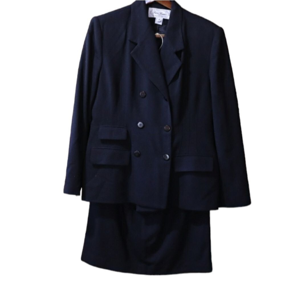San Louis Black Wool Skirt Suit Blazer Jacket Set 14 Career Formal Funeral Suit